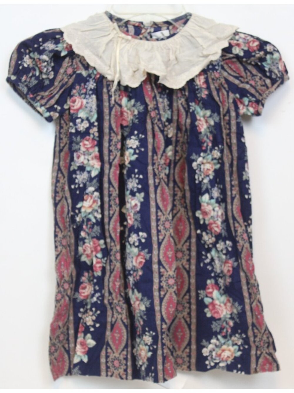 Judy Lynn Vtg 90s Dress sz 3 Roses Victorian Stripes Retro Sweet Navy Collar